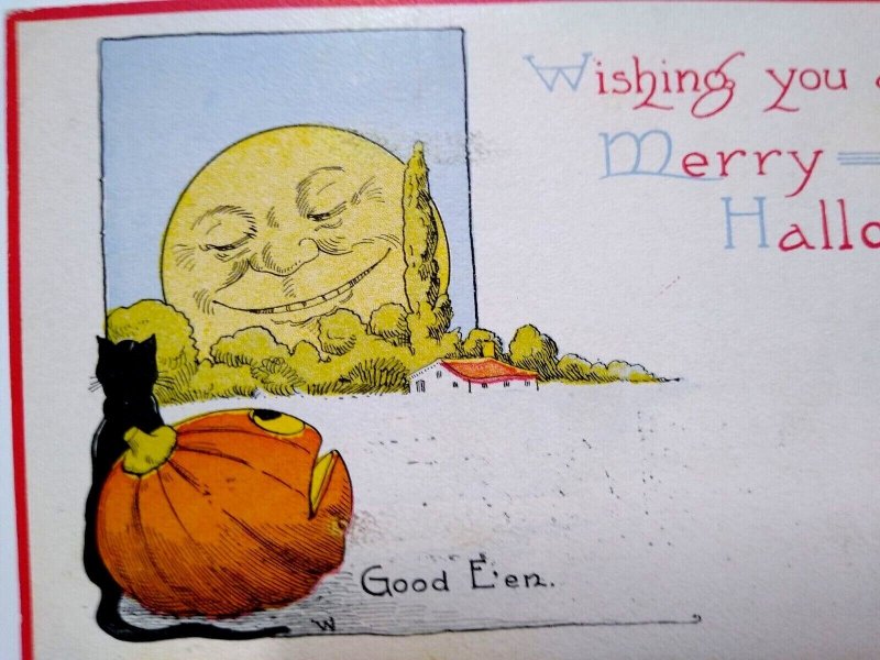 Halloween Postcard Big Smiling Sun or Moon Black Cat Pumpkin Gibson Fantasy 1912