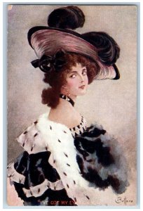 Artist Signed Postcard Pretty Woman Big Hat Fur Dress Studio c1905 Antique