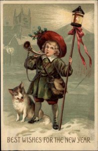 New Year Little Boy with Dog Blowing Horn c1910 Vintage Postcard