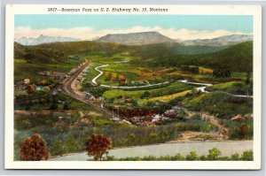 Montana~Birds-Eye View~Bozeman Pass~A Mountain Pass~US Highway 10~Vtg Linen PC