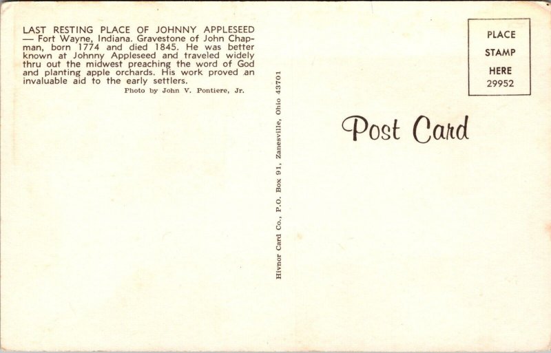 Vtg Fort Wayne Resting Place Johnny Appleseed Gravestone John Chapman Postcard