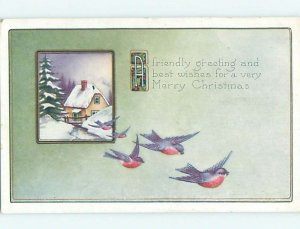 Pre-Linen christmas BIRDS FLYING AWAY FROM SNOW-COVERED HOUSE hr2752