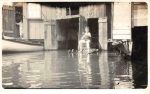 RPPC,  LITTLE BOY FISHING From Boathouse Platform  1915 Real Photo Postcard