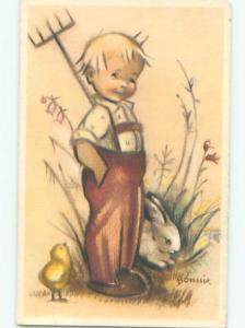 foreign Pre-1980 signed BUNNY RABBIT BEHIND BOY WITH RAKE AC6790