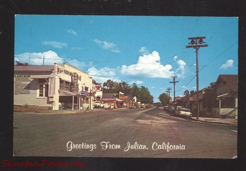 JULIAN CALIFORNIA DOWNTOWN STREET SCENE DRUG STORE OLD CARS VINTAGE POSTCARD