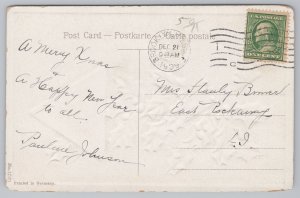 Christmas Greetings~Silver Bkgd~Holly~Triangle Insets~German PM 1909 Postcard