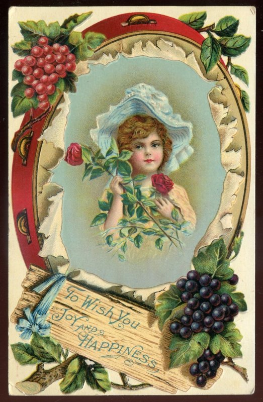 dc2036 - Best WISHES Postcard 1910s Embossed Girl with Red Roses Fancy Border