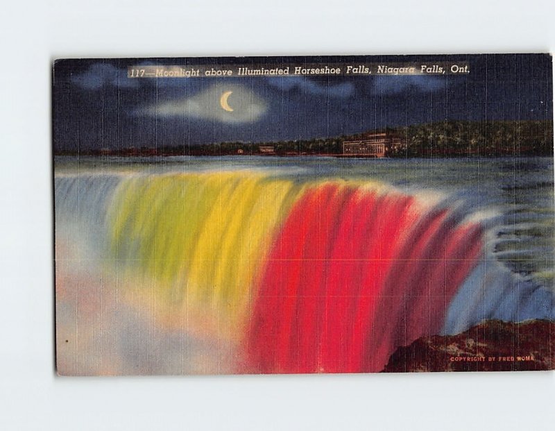 Postcard Moonlight above Illuminated Horseshoe Falls, Niagara Falls, Canada