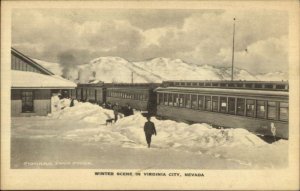 Virginia City NV RR Train in Winter Snow Depot Station c1915 Postcard