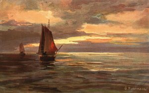 Vintage Postcard 1908 Painting Work Of Art Boats Ships Sunrise Scene Ocean View