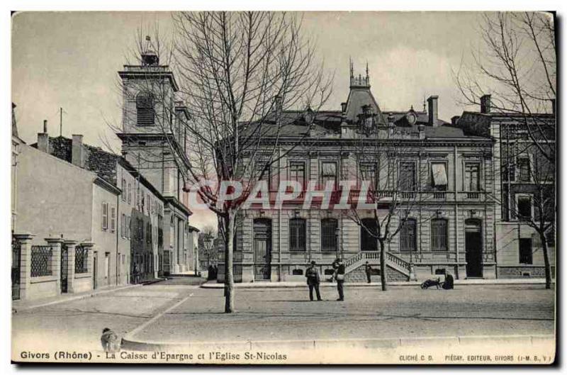 Old Postcard Givors Bank Caisse d & # & # 39Epargne and 39eglise St Nicolas