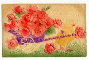 1919 Easter Greetings Chick Flower Cart Vintage Embossed Standard View Postcard