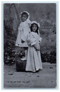 1910 Two Girls Dress White I'm Taller Than You Amsterdam New York NY Postcard 