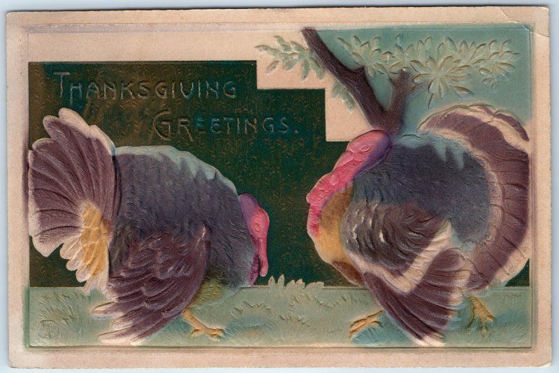 c1910s Thanksgiving Greetings Quality Embossed Turkeys Hand Colored Painted A229