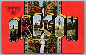 Postcard OR c1940s Greetings from Oregon Large Letter Greeting Multi View Linen