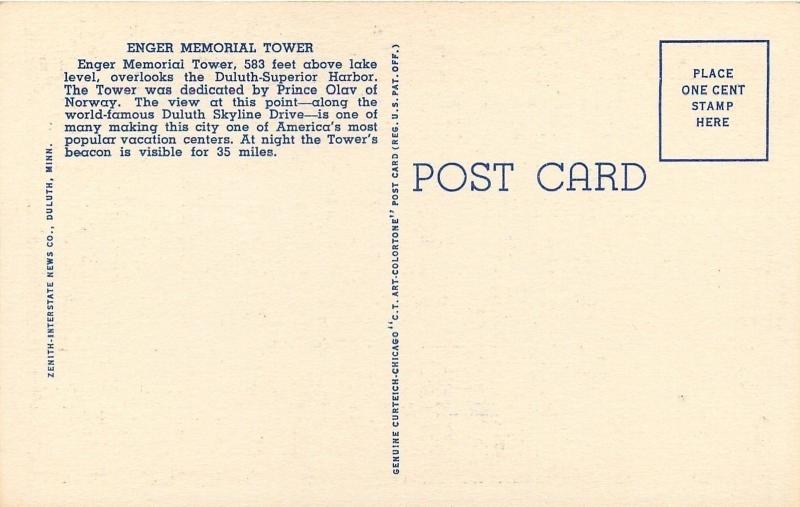 Duluth Minnesota~Enger Memorial Tower By Night~1940 Linen Postcard