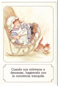 P1494 vintage spain art postcard clear Conscience helps a great rest, girl & cat