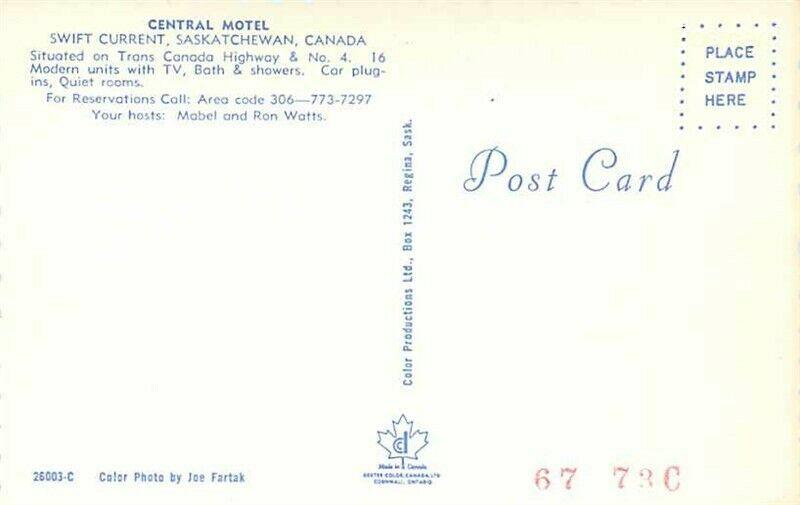 Canada, Saskatchewan, Swift Current, Central Motel, Dexter Color No. 26003-C