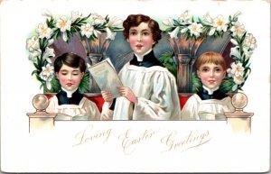 Postcard Three Choir Boys Singing in Church Easter Lily Flowers