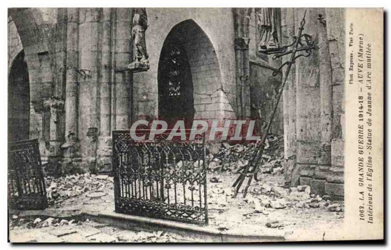 Old Postcard The Great War Militaria Auve Interior of church Statue of Joan o...