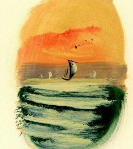 Japanese Hand Painted Christmas New Year Card Cord Boat Sunset Church VTG JG1 