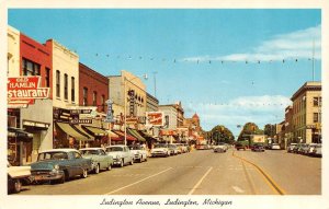 MI, Michigan LUDINGTON AVENUE Street Scene~Old Hamlin~Toggery~50's Cars Postcard 