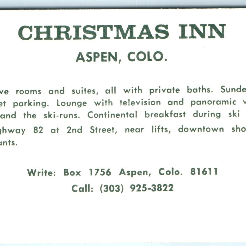 c1960s Aspen Colorado Christmas Inn Business Card Hotel Advertising CO Photo C44