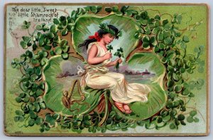 K50/ St Patrick's Day Holiday Postcard c1910 Pretty Girl Clover Harp 128