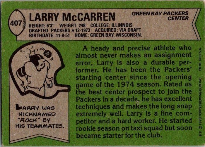 1978 Topps Football Card Larry McCarren Green Bay Packers sk7350