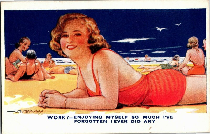 Girl Lying On Beach Forgot About Work Artist Douglas Tempest Vtg Postcard A30