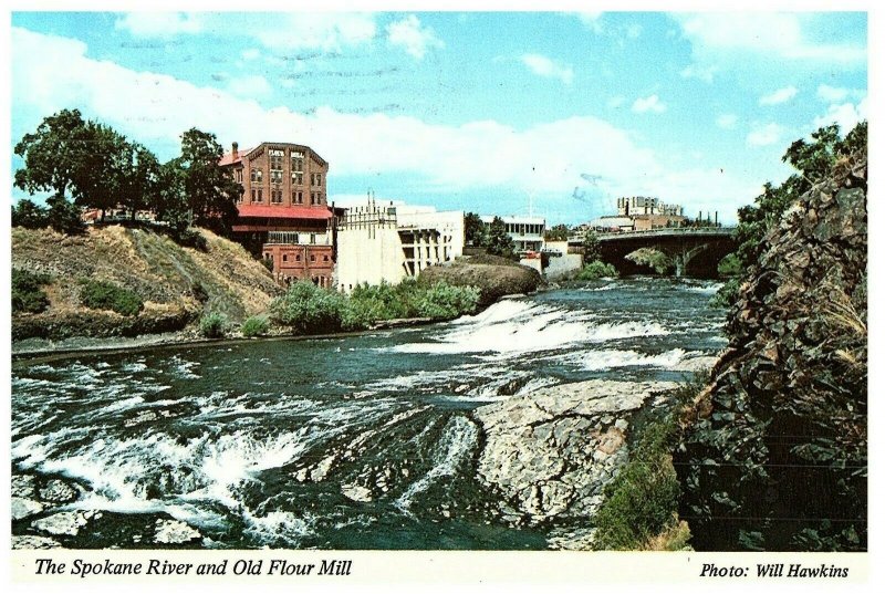 THE SPOKANE RIVER AND THE OLD FLOUR MILL POSTCARD POSTED 1979