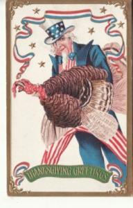 THANKSGIVING   UNCLE SAM carries TURKEY  postcard