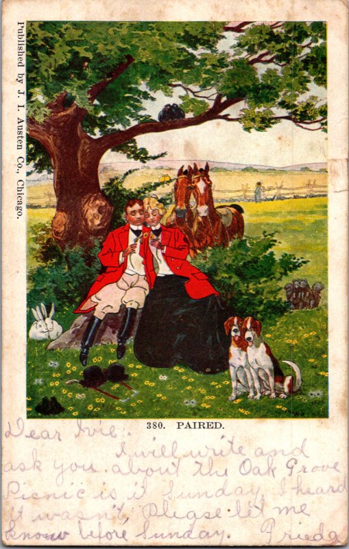 Couple hunting 2 hounds 2 bunnies 2 horses 2 squirrels romance PAIRED c1905