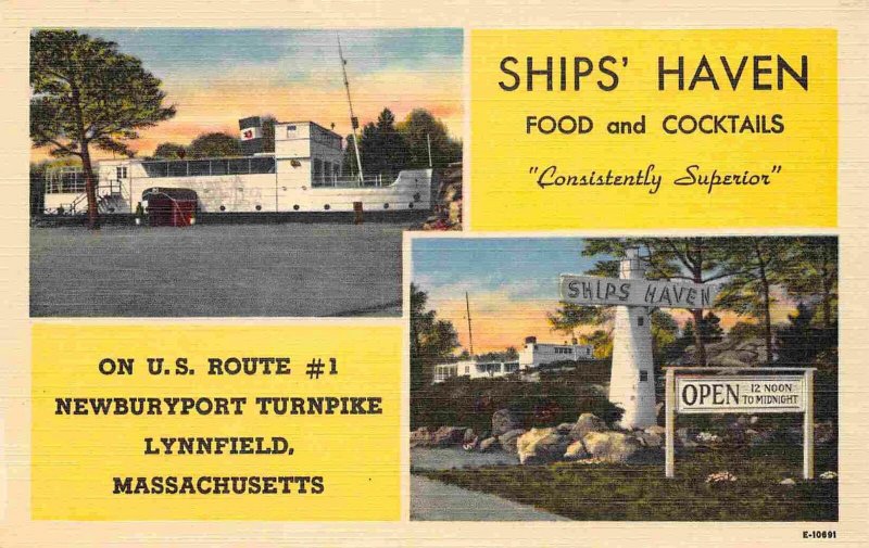 Ships Haven Restaurant Newburyport Turnpike US 1 Lynnfield MA linen postcard