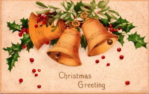 Christmas Greeting With Gold Bells and Holly 1907 International Art Publishing