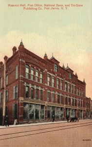 Port Jervis New York, Masonic Hall Post Office Bank & Tri-State Vintage Postcard