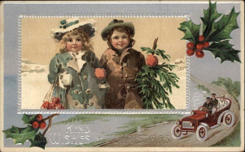 Christmas - Boy & Girl Gather Apples & Tree - Car c1910 Postcard