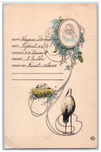 c1910's Stork Birth Baby Pansies Flowers Art Nouveau Posted Antique Postcard 