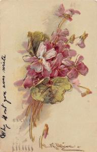 Purple Flowers Gold Trim Klein Artist Signed Antique Postcard (J17572)