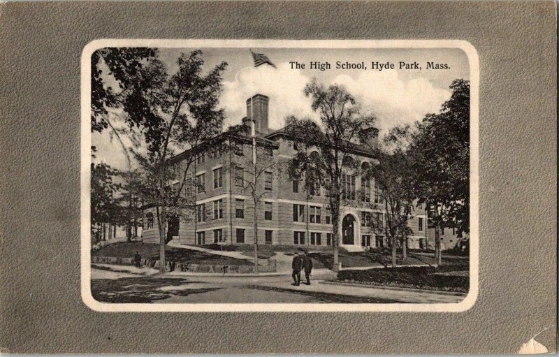 High School Hyde Park Mass Postcard Vintage Antique WOB Flag Note Germany Print