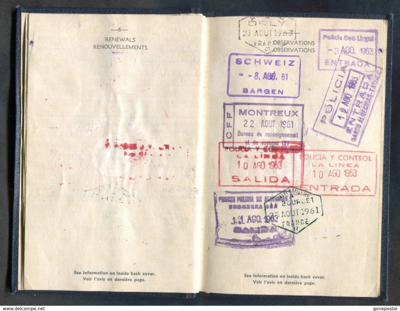 F023 - CANADA Passport Expired 1965. Traveled to Spain, Gibraltar, Switzerland