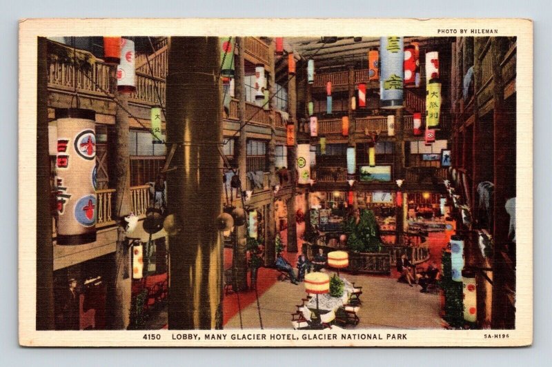 Glacier National Park Montana Many Glacier Hotel Lobby Linen Cancel WOB Postcard 