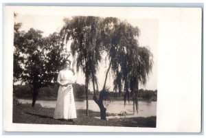 c1910s Candid Woman Book Lake Windsor Rainbow Connecticut CT RPPC Photo Postcard 