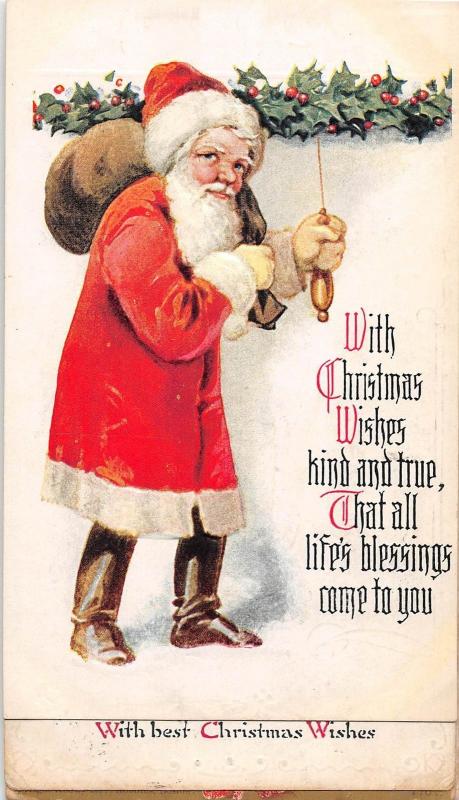 B32/ Santa Claus Merry Christmas Holiday Postcard c1910 Holly Toy Sack 17