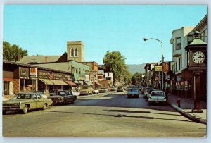 c1950's Main Street Classic Cars Street Clock Town Bennington Vermont Postcard