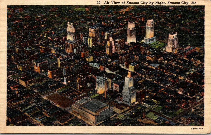 Vtg 1940s Aerial View of Kansas City at Night Missouri MO Unused Linen Postcard