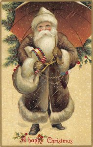 AD 136 Brown coat Santa with Umbrella Germany c 1912 christmas postcard 