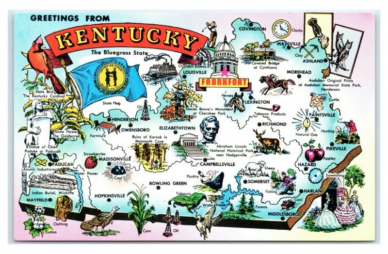 Postcard Greetings from Kentucky KY The Bluegrass State Map A35