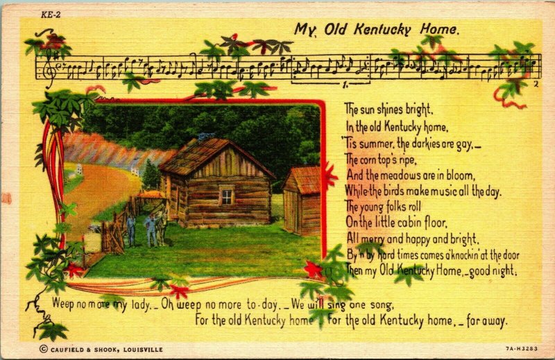 My Old Kentucky Home Song Lyrics Curt Teich Vintage Linen Postcard 