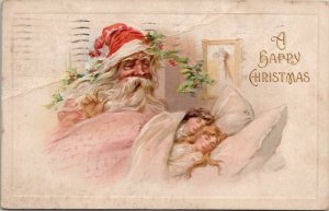 Christmas Greetings Santa Over Sleeping Children Postcard N22